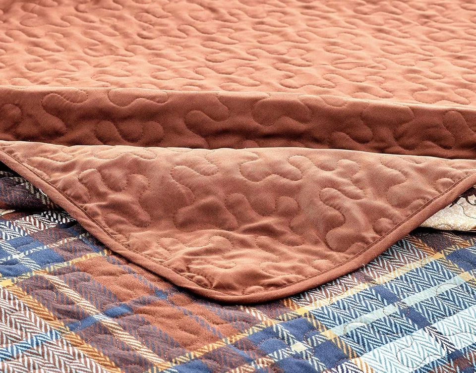 River Fly Fishing Themed Rustic Cabin Lodge Quilt Stitched Bedspread Bedding Set - Image 3 of 4