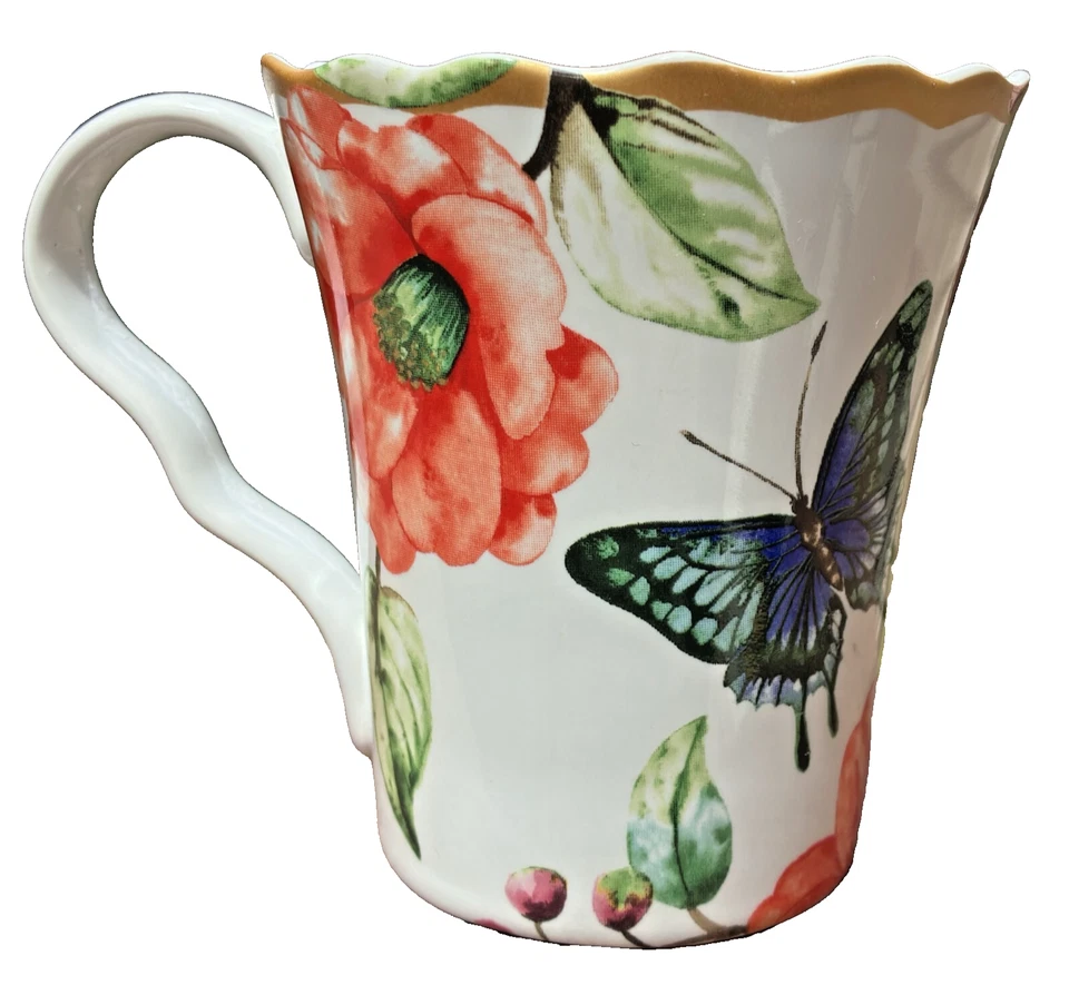 Taza de café 222 Quinta porcelana azul mariposas jardín flores Ambri azul pájaros Foto 3 de 4