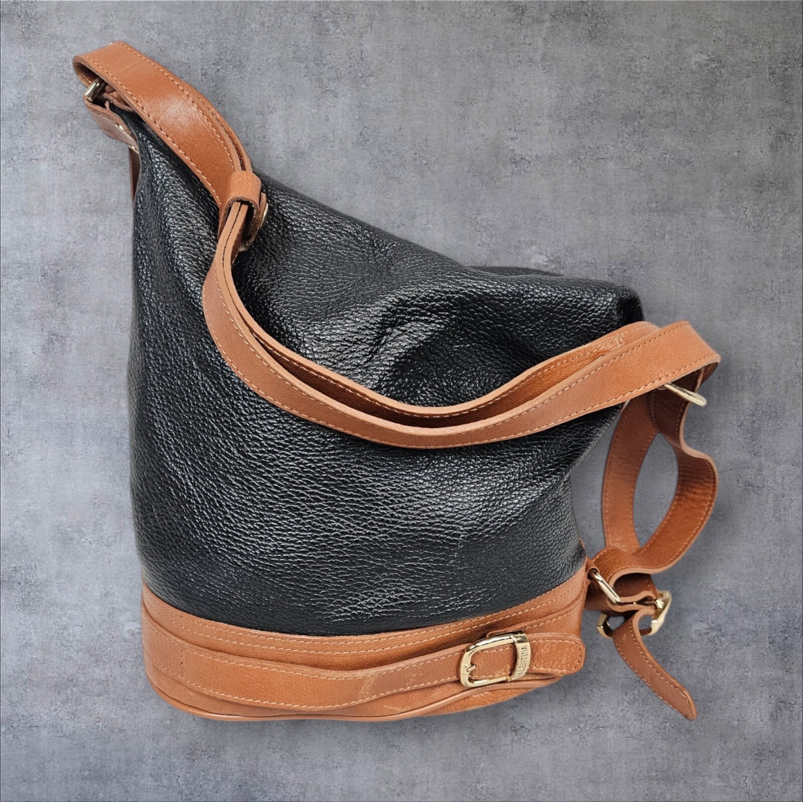 Valentina Black Tan Leather Bucket Shoulder Bag for Women