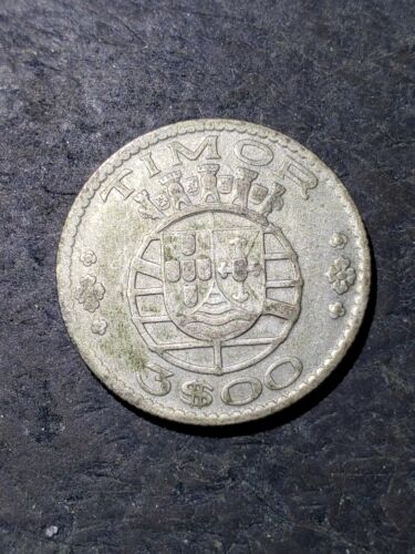 1958 TIMOR PORTUGAL SILVER 3 ESCUDOS SCARCE COIN #666
