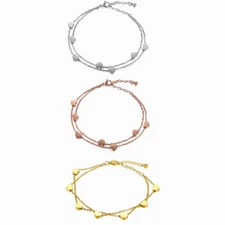 Women Girls Stainless Steel Heart Charm 2 Layer Chain Bracelet Cuff Adjustable