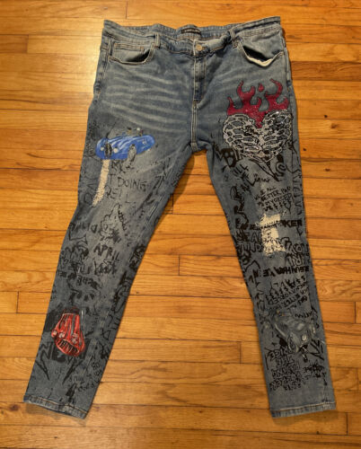 Jeans vintage abbelliti auto da corsa cuore che brucia streetwear urbano graffiti arte - Foto 1 di 14