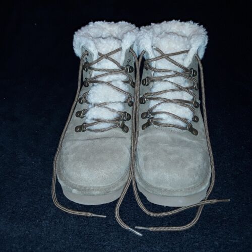 ♡ Bearpaw Womens 7 Wool Sheepskin Suede Beige/tan Lace Up Boots - Picture 1 of 5