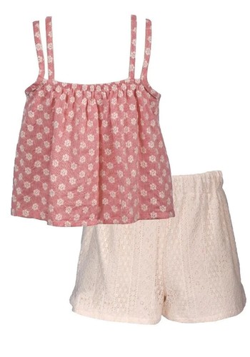 NWT Bonnie Jean Girls Size 5 Coral Ivory Gauze Lace Floral Top & Shorts Set - Picture 2 of 3