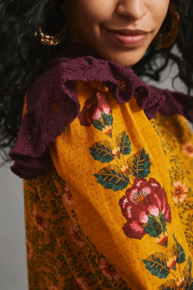 Anthropologie Farm Rio Ruffled Blouse Floral Printed Top Embroidered Lace M NWT - Image 3 of 4