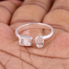 Natural Crystal Quartz Double Stone White/Colorless Adjustable Ring 925 Silver