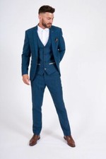 Blue Plaid Men Tweed Suit Herringbone Slim Fit Prom Groom Tuxedo Wedding Suit