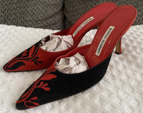 Red Suede Embroidered Mules Size 38.5 