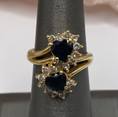 DESIGNER RING 14 K GELBGOLD DIAMANTEN UND SAPHIRE DOPPELHERZEN GRÖSSE 5,5