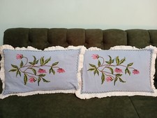 Blue Pillow Cover,Hand Embroidered With Beautiful Roses,Made Of Silk