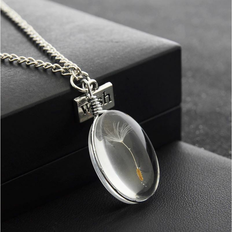 Dandelion Seed MAKE A WISH Oval Necklace Silver Chain Gift Pendant