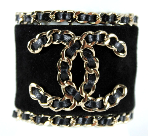 CHANEL 20C Black Suede & Light Gold Metal CC Logo Chain Cuff Bracelet