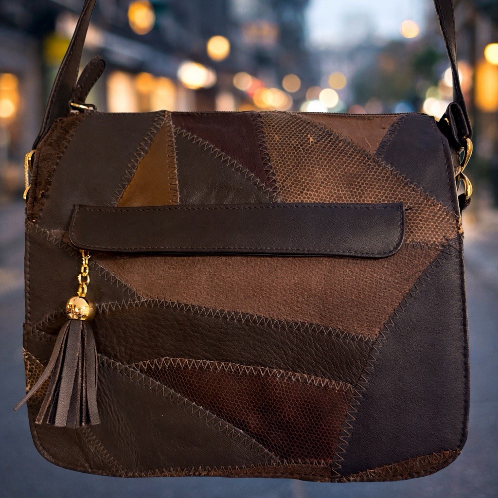 Genuine Leather Patchwork Boho Crossbody Bag Brow… - image 1