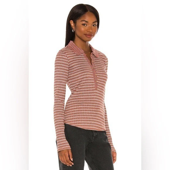 Top Free People Delilah Óxido Talla XS Rayas Acanalado Henley Crochet Tejido Cuello Foto 2 de 4