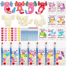 28 Sets Valentine's Day Axolotl Party Favors Wood Painting Craft Kits with DI...