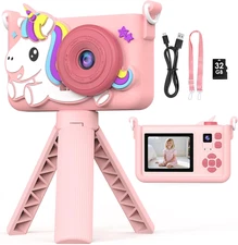 Kids Camera with Tripod & 32GB Card, 1080P HD Toddler Camera, Portabletoy for Gi