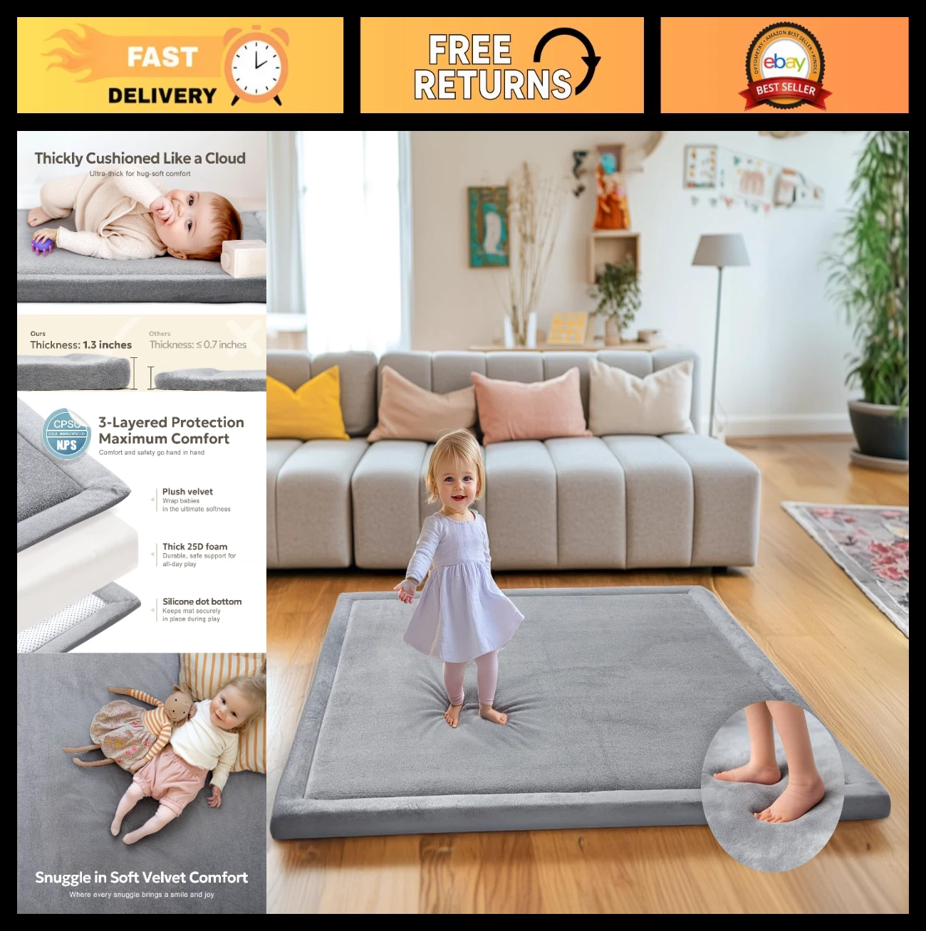 Ultra Soft 1.3" Thick Baby Play Mat 50"x50" Non-Slip Velvet for Infants & Toddle
Opens in a new wind