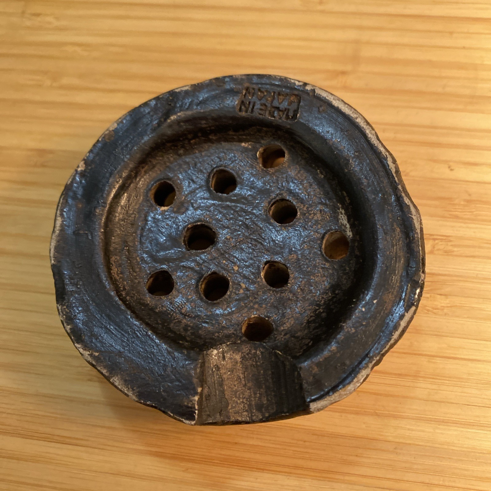 Vintage Black Pottery 10 Hole Flower Frog Made in Japan 3” x 1”