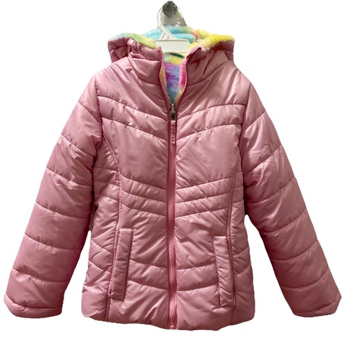 NEW Madden Girl Reversible Puffer Coat, Pink/Multicolor Faux Fur, Size 6/6X - Picture 3 of 9