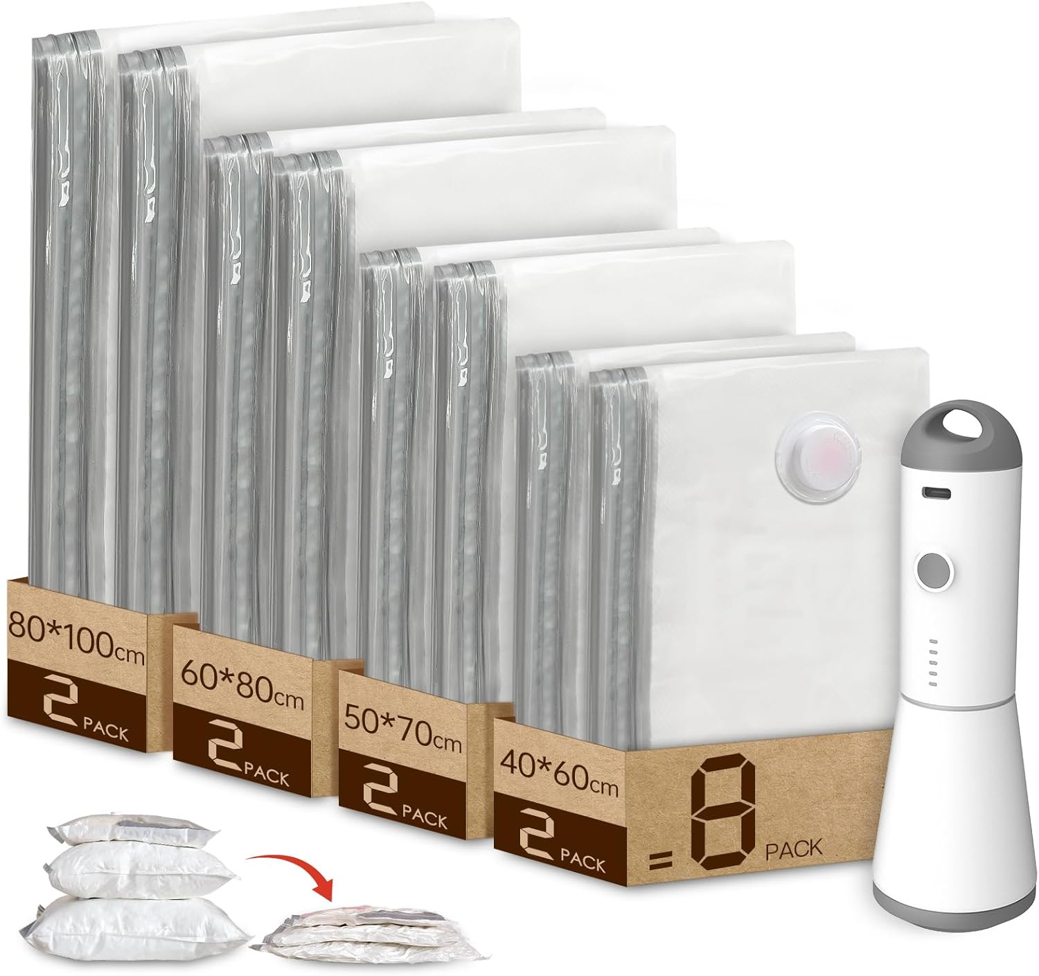 Sacchetti Sottovuoto Vestiti Con Pompa Sottovuoto Senza Fili, 8 Pezzi (2 Jumbo, 