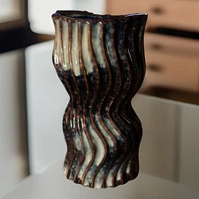 11" Blue and Brown Ribbed Cermaic Vase