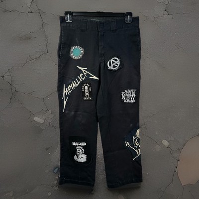 Dickies 874 Flex Original Fit Black Workwear Pants w/ Rock & Punk Patches Custom