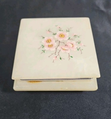 Vintage Duro Decoro Italy Alabaster Stone Trinket Jewelry Box Hand Painted Flora