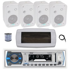 Pyle Bluetooth Marine Receiver, Cover, Antenna,Wire, 4x 3.5" 300W White Speakers