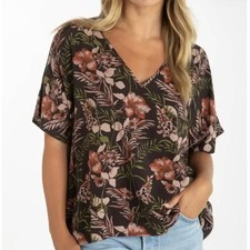 Natural Life Boho Floral V-Neck Boxy Blouse Brown Orange Cottagecore Top Large