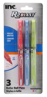 Inc R-2 Blast Comfort-Grip Roller Ball Pens 0.7mm, ~ Orange, Blue, Lime Ink