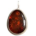 Vintage Amber Pendant Pin Sterling Silver 1.75" Teardrop Brooch