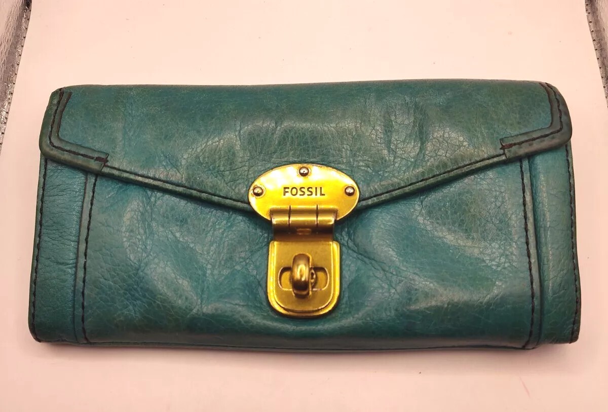 Fossil Vintage Soft Leather Clutch Wallet Turquoise Teal Blue