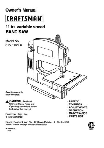 Owner's Manual & Parts List Sears Craftsman 11" Band Saw - Model 315.214500