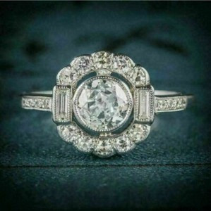 Authentic Retro Bezel Set Halo Engagement Ring Round Cut Moissanite 14K White Gold Plated