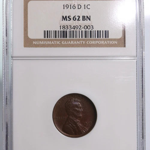 1916-D Lincoln 1C NGC Certified MS62 BN Denver Mint Wheat Small Cent Penny Coin