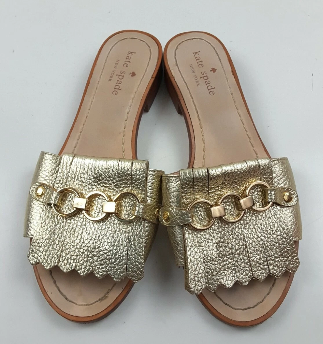 KATE SPADE Women s Brie Slide Sandal Fringe Chain Metallic Gold Leather Size 6M