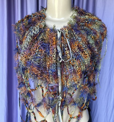 Handcrafted Multi-Colored Crocheted Shaggy Boho Chic Festival Shawl - Picture 5 of 7