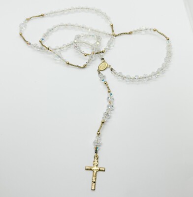 Rare Vintage Rosary 10k Yellow Gold Crystal Catholic Bead Necklace
