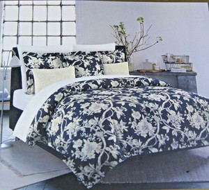 3 Pc Nicole Miller Floral Full Queen Duvet Cover Set Navy 100