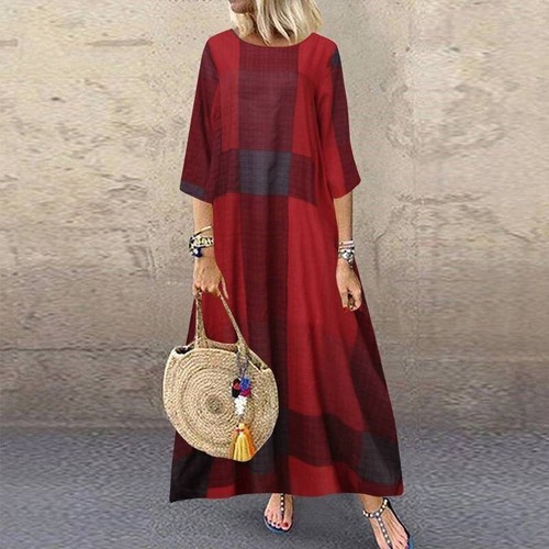 Maxi Long Casual Plus Sleeve Short Kaftan Loose Check Womens Summer Dress - Picture 3 of 9