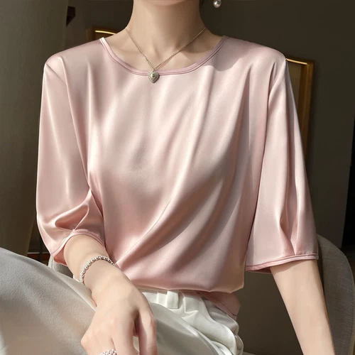 Women's Summer Round Neck Silk T-shirt Half Sleeved Shirt Loose Bottomed Top - Picture 6 of 22
