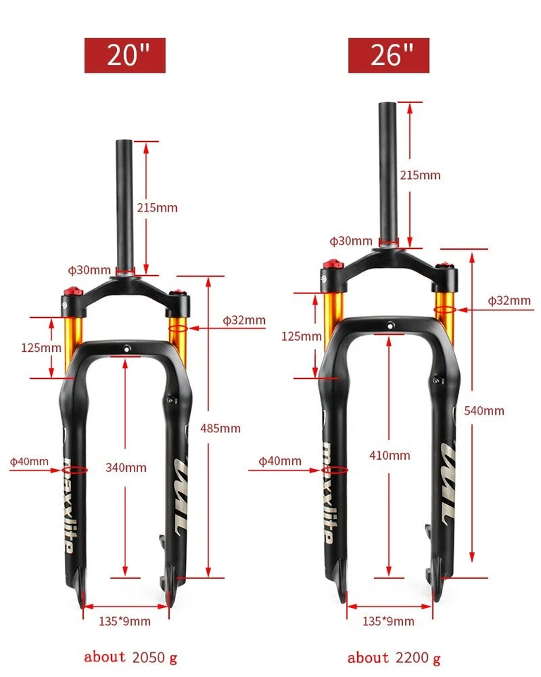 Horquilla delantera Fat Bicycle 20 26 pulgadas*4,0 neumáticos nieve playa bicicleta suspensión neumática eléctrica Foto 3 de 4