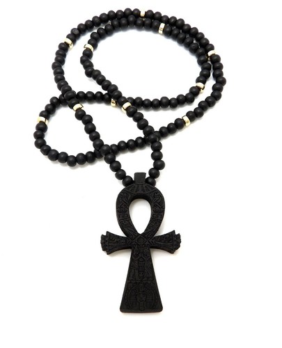 RAPPER STYLE ANKH CROSS PENDANT & 6mm 26" WOODEN BEAD CHAIN HIP HOP NECKLACE - Picture 6 of 15