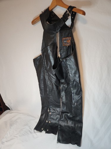 First Classics Leather Chaps Black Riding Biker Laces Buckles Pants - Picture 9 of 14