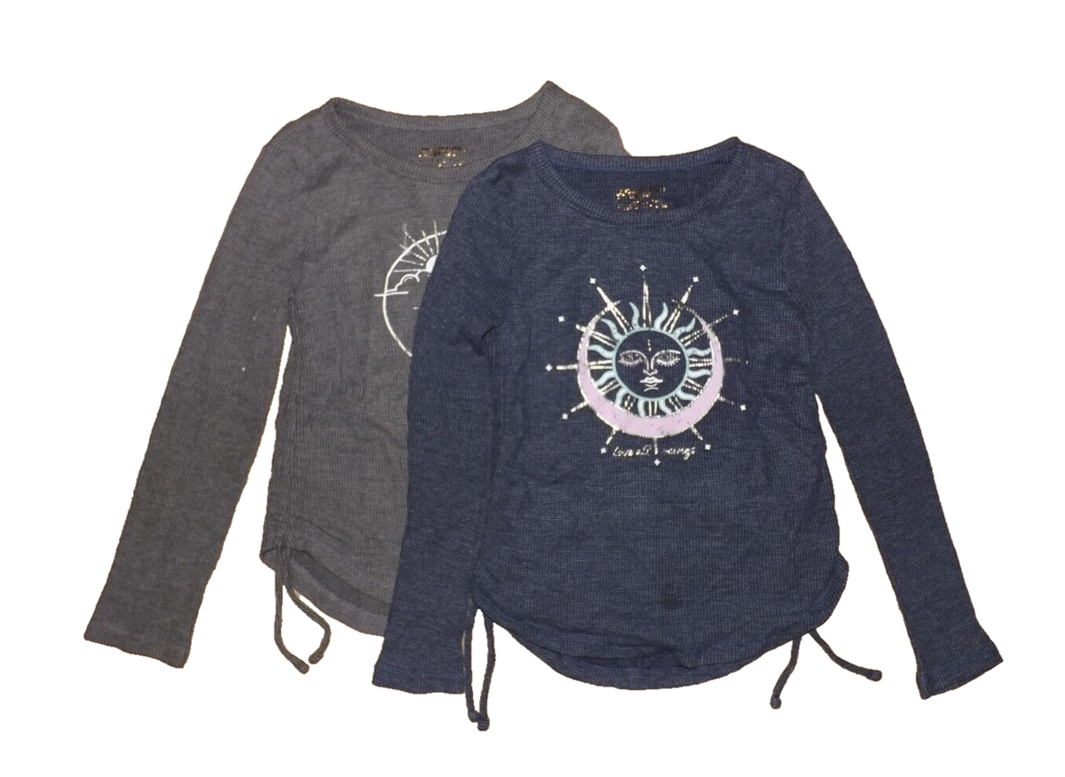 Size Medium (7) Girls Long Sleeve Thermal Waffle Shirts Grey Blue