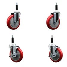 5 Inch SS Red Poly Wheel Swivel 7/8 Inch Expanding Stem Caster Set 2 Brakes SCC