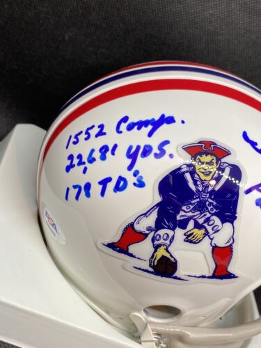 Mini casco Babe Parilli New England Patriots HOF firmato automatico 2 barre Stat ~ PSA - Foto 3 di 5