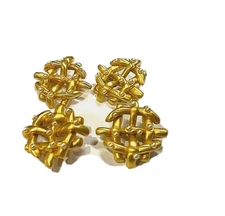 Vintage 4 Four Matte Gold Metal and Pearl 1  1/4" Geometric Pattern  Buttons