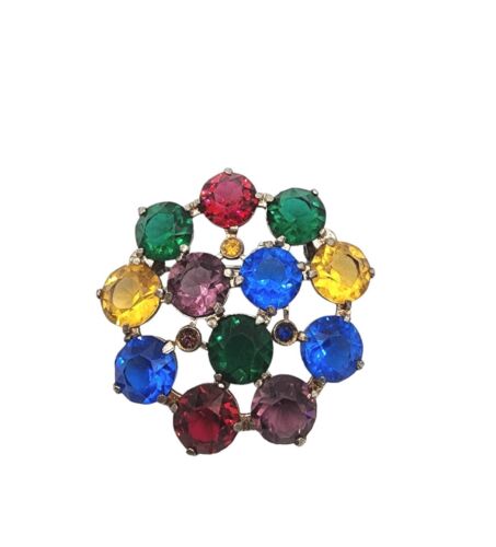 Vintage Fruit Salad Multicolor Rhinestone Cluster Brooch Pin Jewelry 2" Round  - Picture 1 of 3