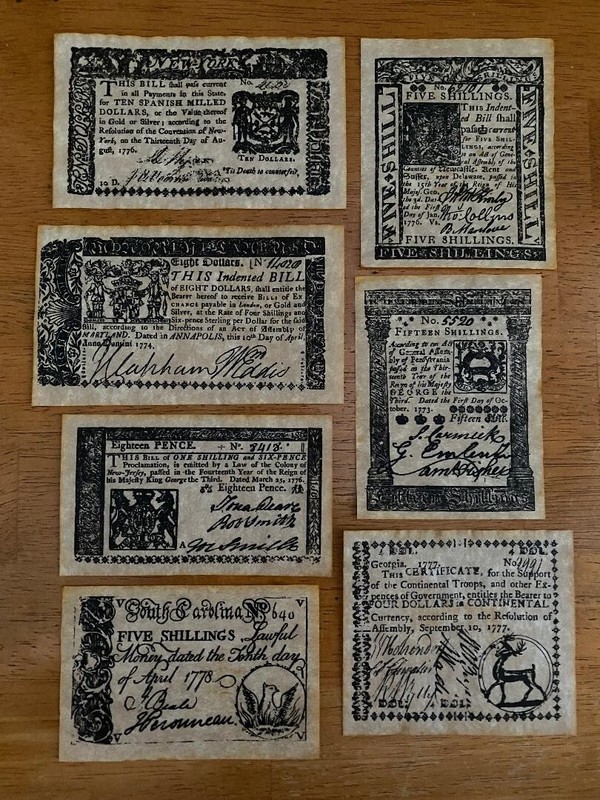 LOT 1 of 2 - 7 COLONIAL STATES & REVOLUTIONARY WAR MONEY FACSIMILE NOTES